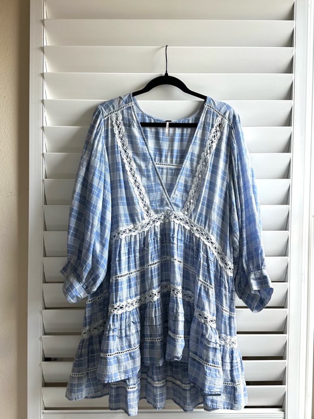 FREE PEOPLE Light Blue Plaid Lace Trim Babydoll Tunic Dress Size-L - Picture 2 of 13